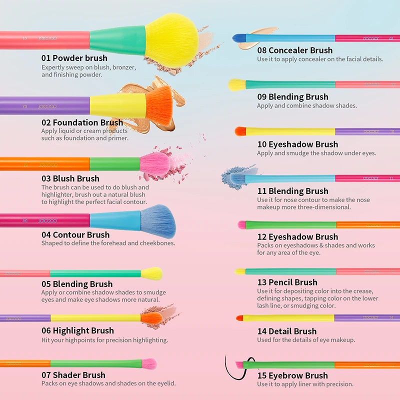 Docolor Colorful Makeup Brushes Set 15 Piece Cosmetic Foundation Powder Blush Eyeshadow Kabuki Blending Beauty Tool