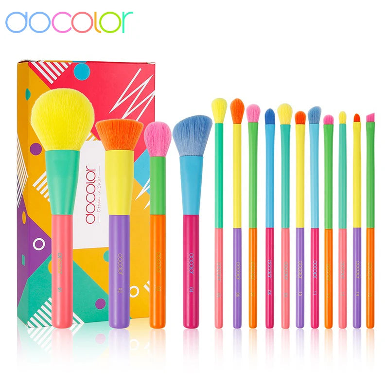 Docolor Colorful Makeup Brushes Set 15 Piece Cosmetic Foundation Powder Blush Eyeshadow Kabuki Blending Beauty Tool