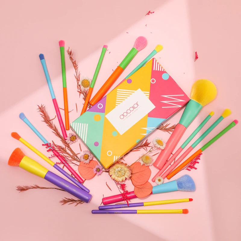 Docolor Colorful Makeup Brushes Set 15 Piece Cosmetic Foundation Powder Blush Eyeshadow Kabuki Blending Beauty Tool