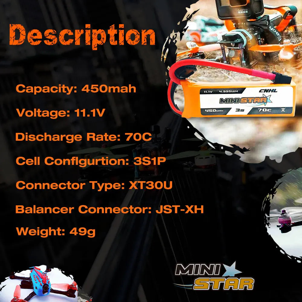 CNHL 3S 450mAh 11.1V Lipo Battery 70C MiniStar XT30 Plug for Mini Quadcopter RC FPV Racing Drone Airplane