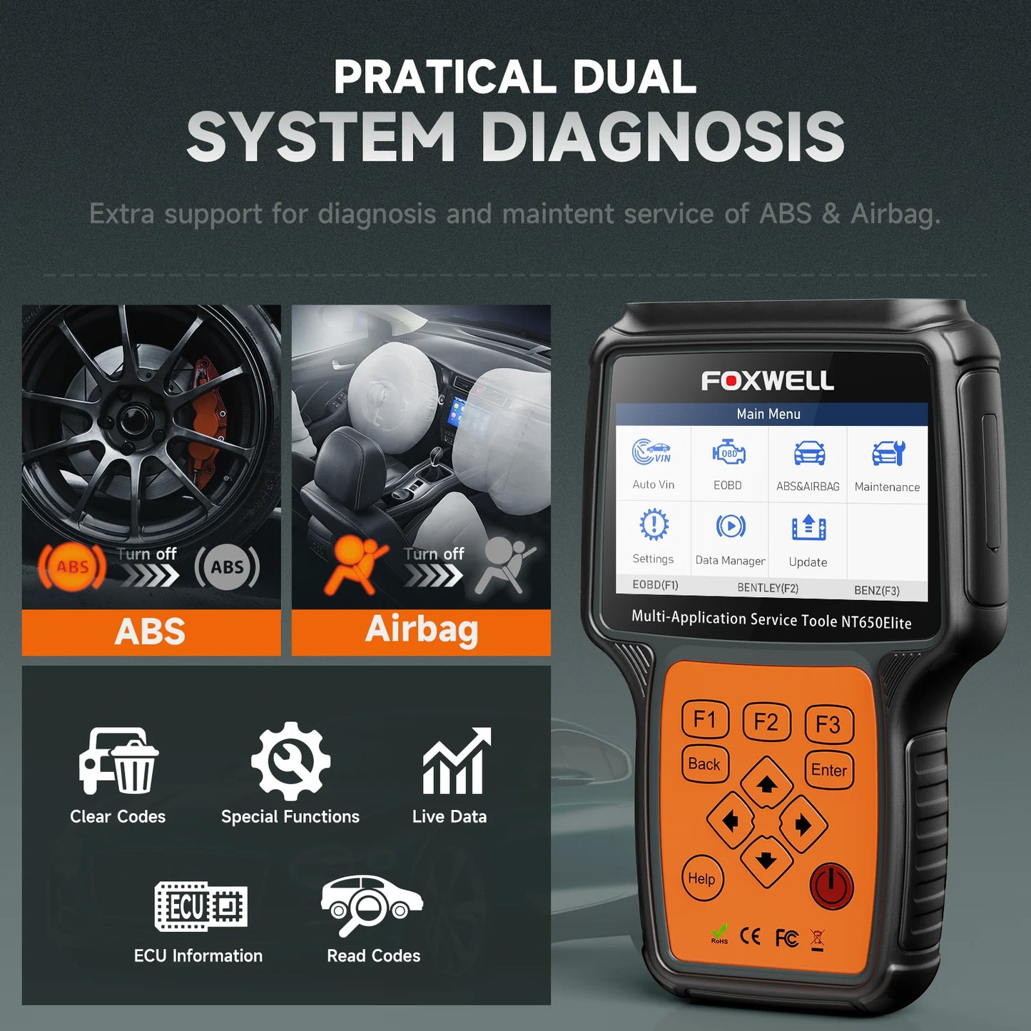 Foxwell NT650 Elite OBD2 Automotive Scanner SAS A/F Oil EPB BRT TPS 26 Plus Reset Professional Auto Car Diagnostic Tool