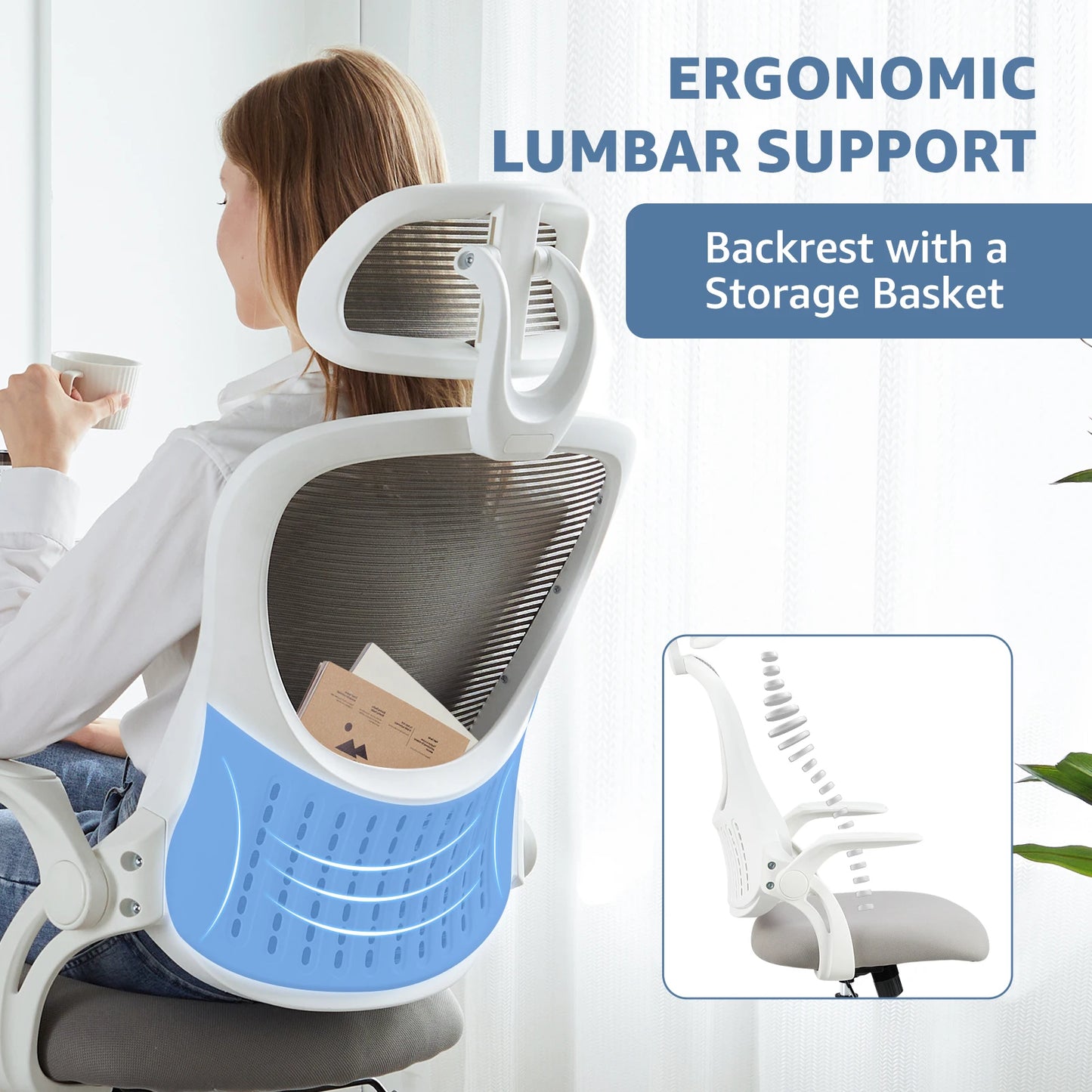 JHK Mesh Ergonomic Office Computer Desk Chair with Flip-Up Arms Adjustable Headrest Comfortable Lumbar Support for Home Office