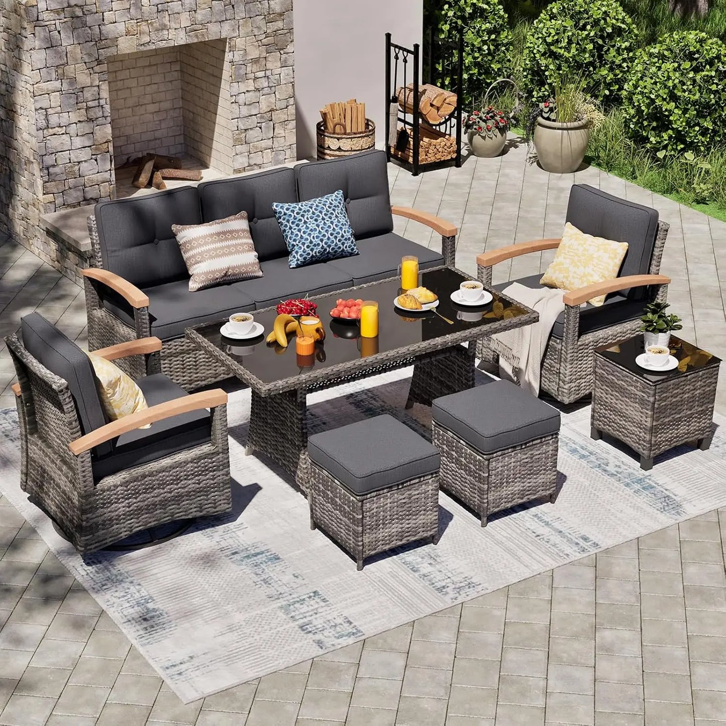 7 Piece PE Wicker Patio Set Outdoor Swivel Rocker Chairs