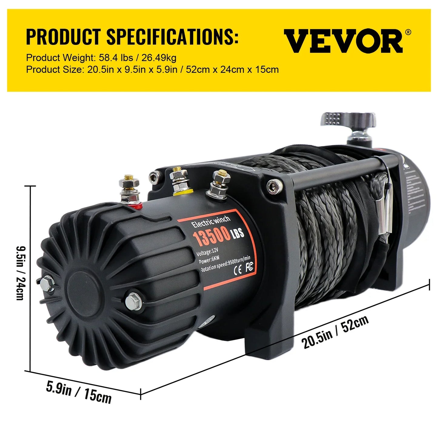 VEVOR 13500 Pounds Electric Winch 12V 27M Synthetic Rope Lifting Hoist for 4X4 Car Trailer ATV Truck Off Road Boat