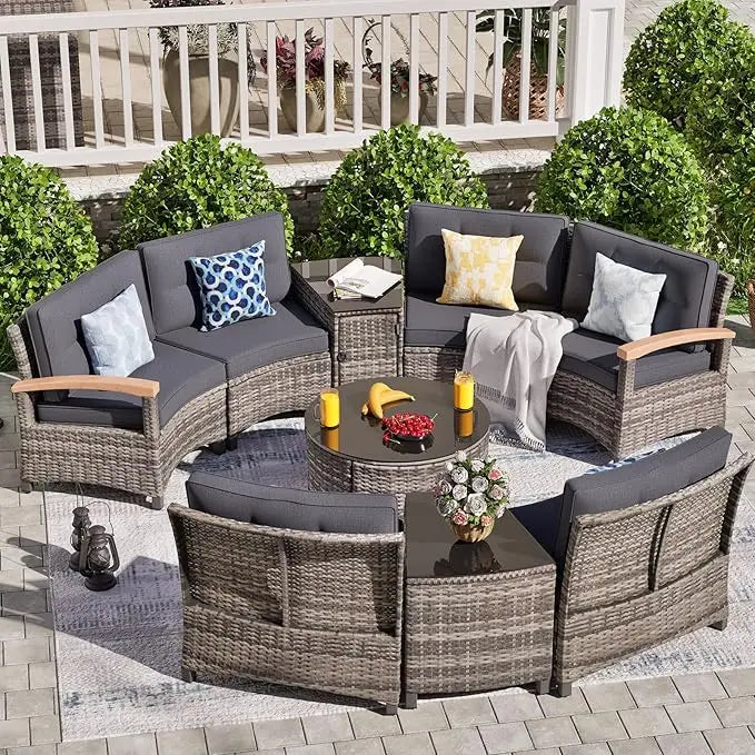 9 Piece Half Moon Outdoor Patio Rattan Sofa And Coffee Table