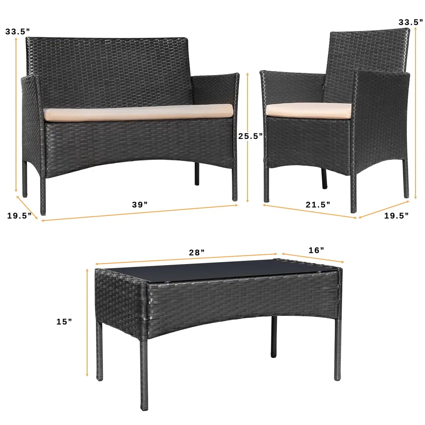 4 Pieces Patio Furniture Set Rattan Outdoor Wicker Sofa Garden Conversation Set with Soft Cushions and Glass Table