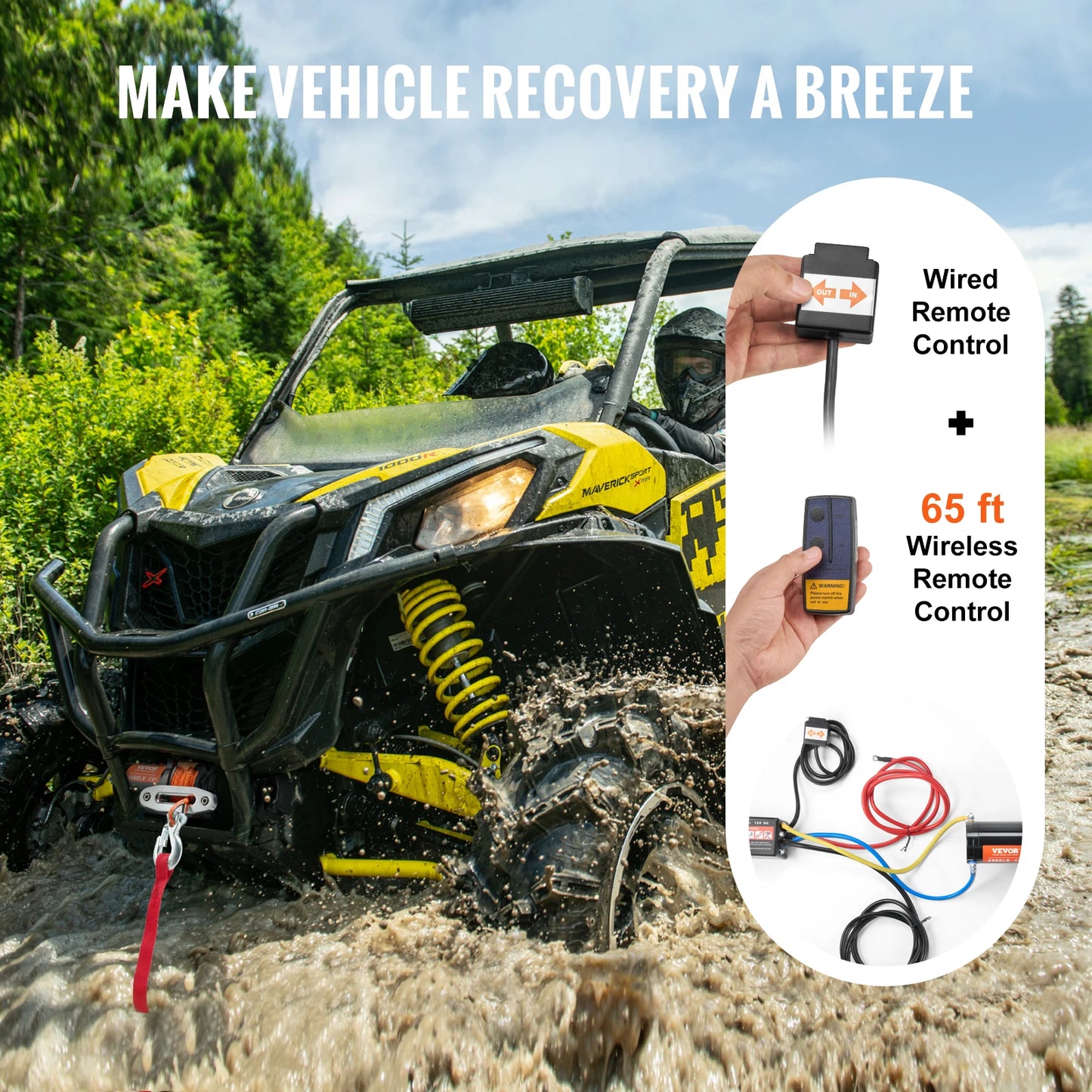 SucceBuy 4500lbs ATV UTV Electric Winch 12V with 39ft Synthetic Rope Wireless and Wired Remote Control IP55 Waterproof for Jeeps