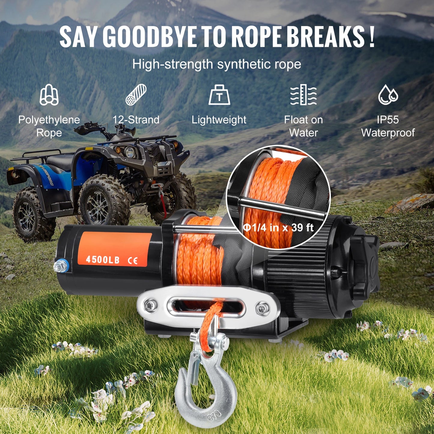 SucceBuy 4500lbs ATV UTV Electric Winch 12V with 39ft Synthetic Rope Wireless and Wired Remote Control IP55 Waterproof for Jeeps