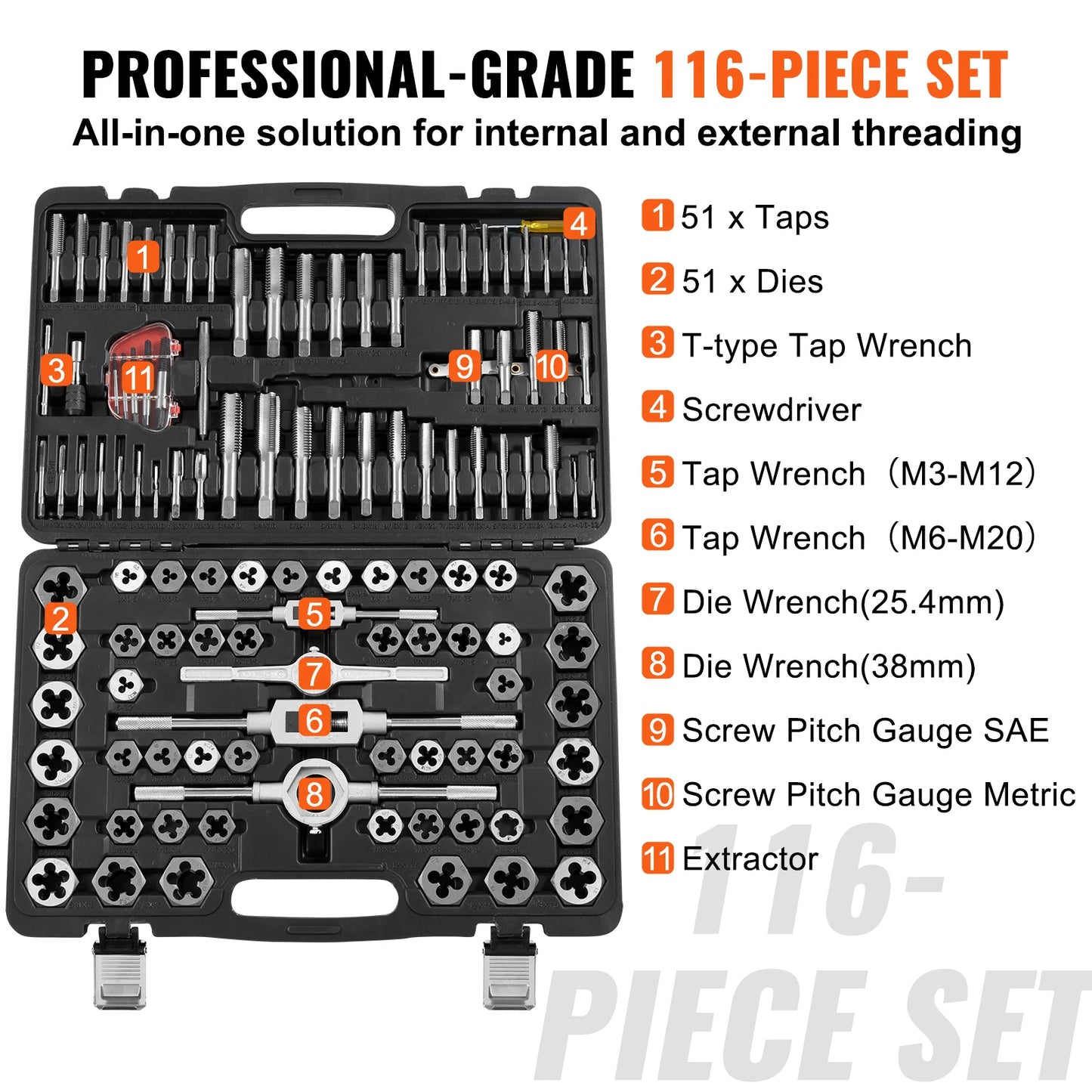 SucceBuy 116 Piece Tap and Die Set Including Metric and SAE Size Bearing Steel Taps and Dies Essential Threading Tool
