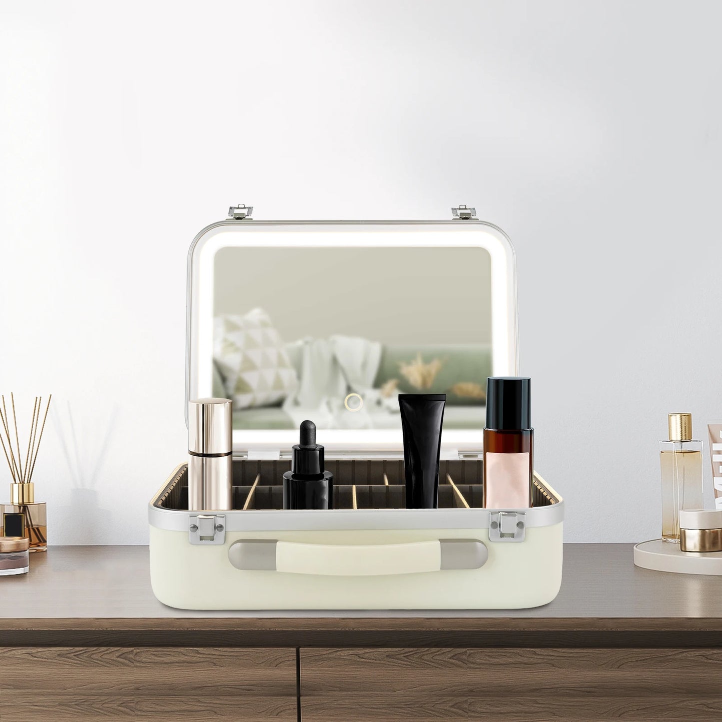 White Makeup Organizer Box with Upgraded Halogen Light and Mirror Premium Cosmetic Storage Case