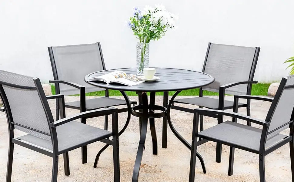 5 Piece Patio Dining Set Outdoor Furniture 4 Textilene Chairs and 1 Round 38 Inch Metal Slatted Table with 1.5 Inch Umbrella Hole