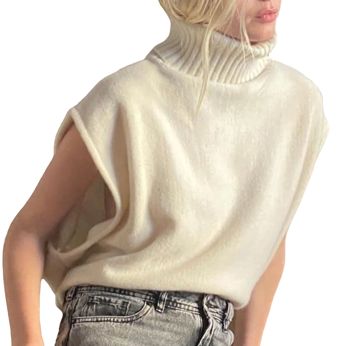 Women Knit Vest Sleeveless Turtleneck Solid Loose Tank Top Sweater Casual Daily Wear