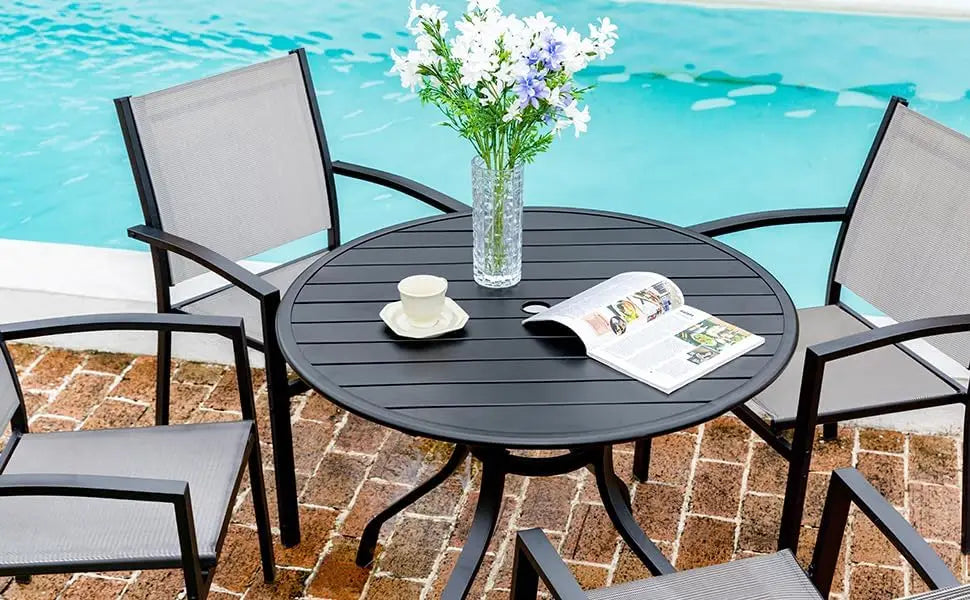 5 Piece Patio Dining Set Outdoor Furniture 4 Textilene Chairs and 1 Round 38 Inch Metal Slatted Table with 1.5 Inch Umbrella Hole