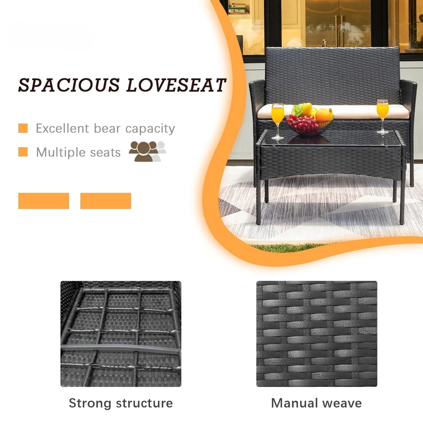 4 Pieces Patio Furniture Set Rattan Outdoor Wicker Sofa Garden Conversation Set with Soft Cushions and Glass Table