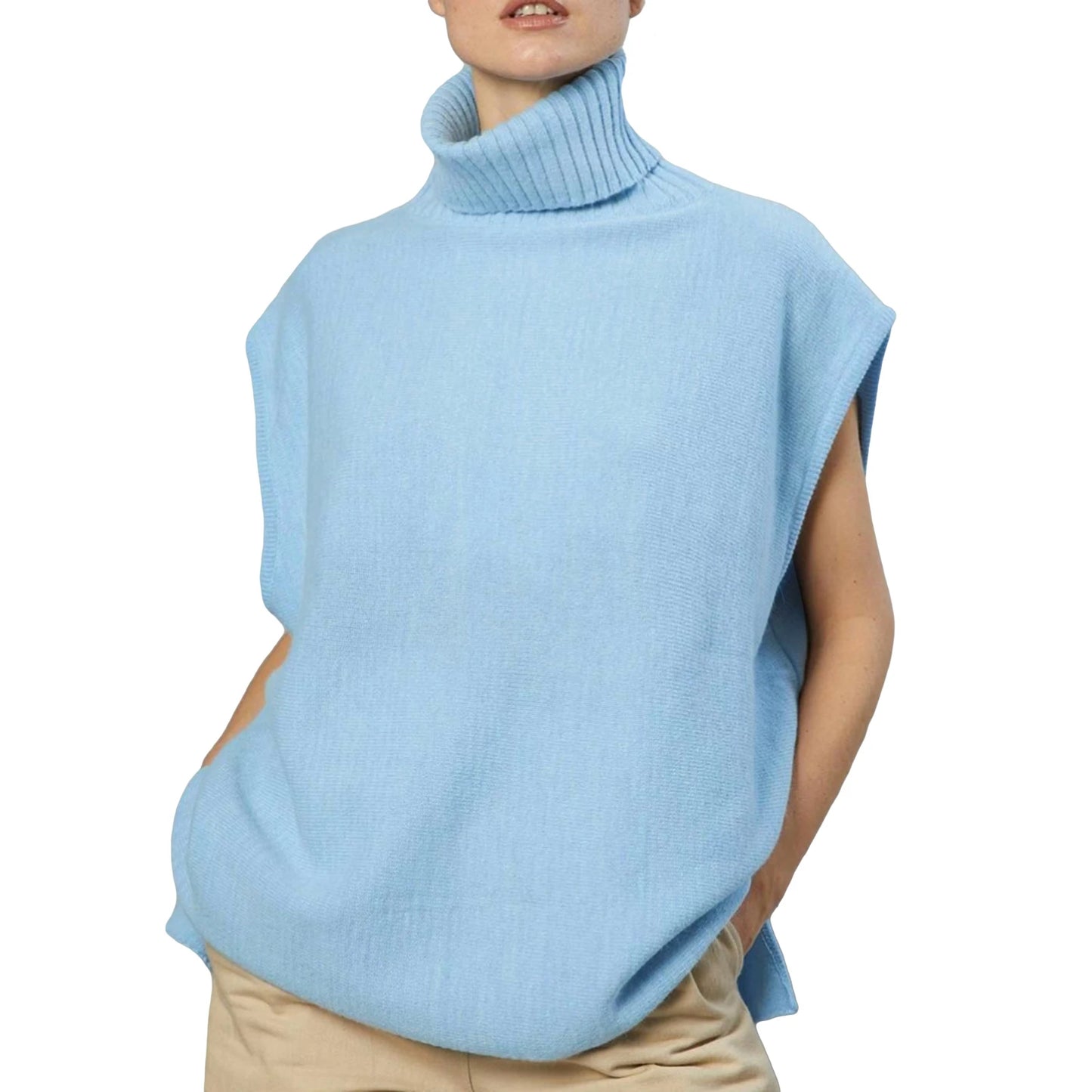 Women Knit Vest Sleeveless Turtleneck Solid Loose Tank Top Sweater Casual Daily Wear