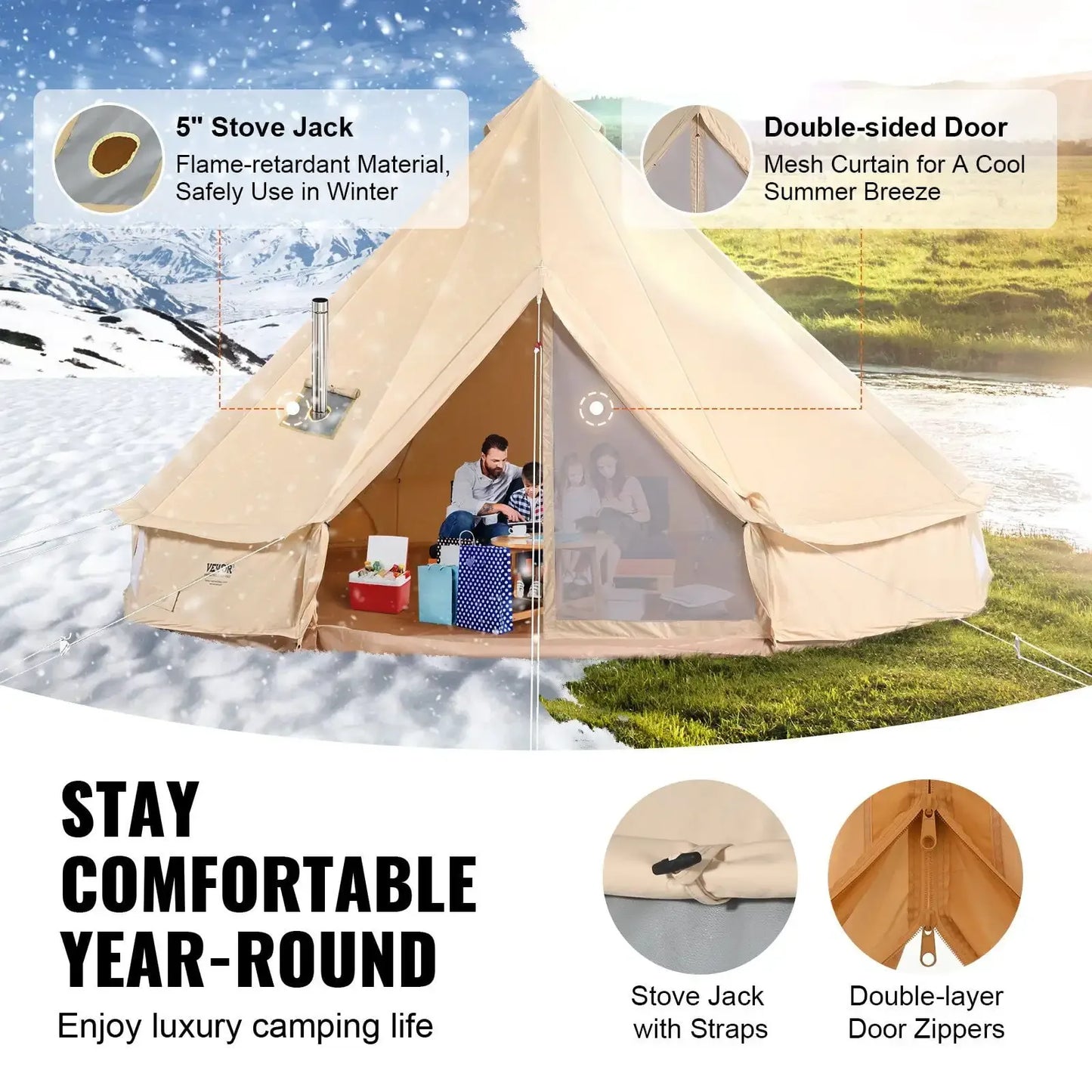 8-10 Person Canvas Glamping Bell Tent With Stove Jack