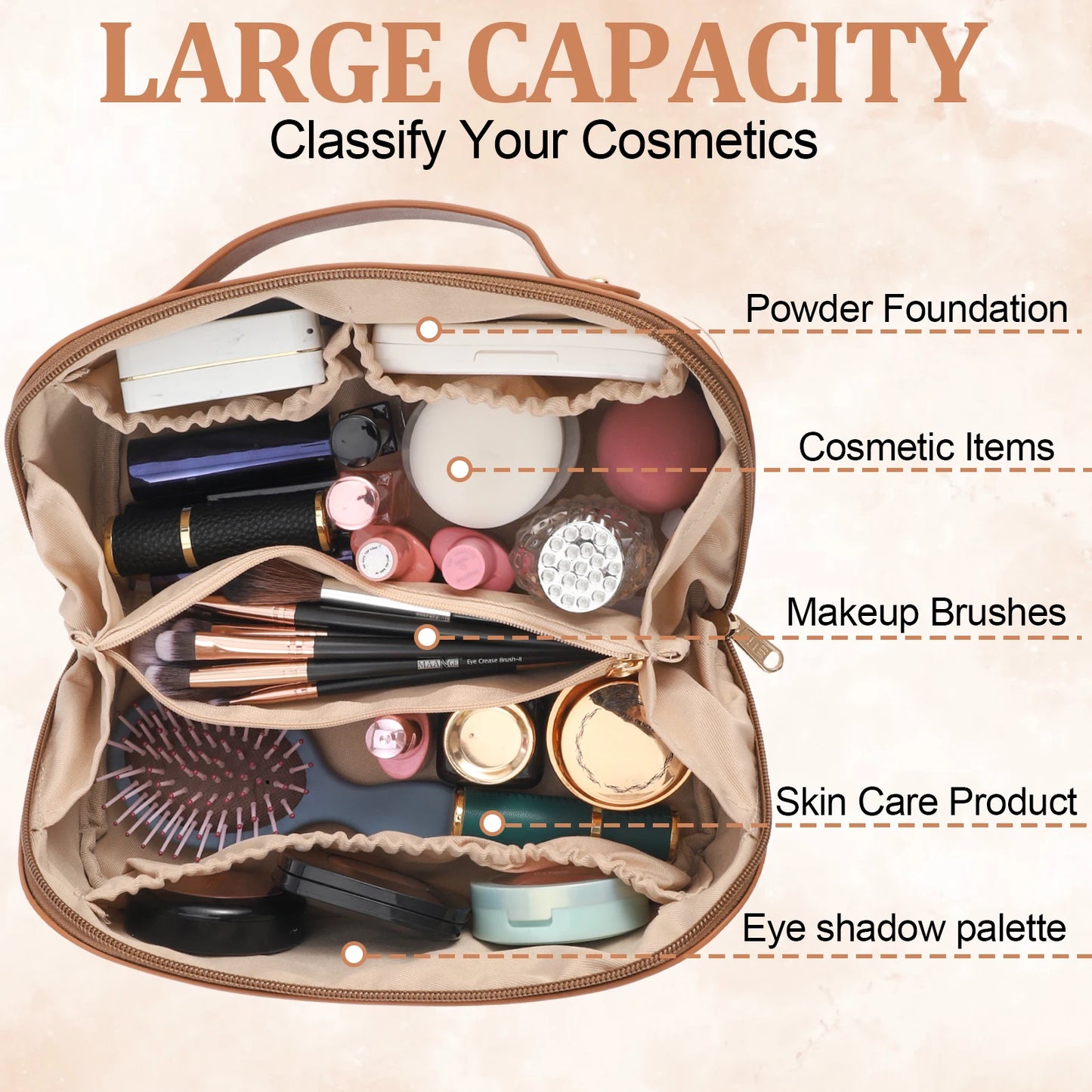Travel Makeup Bag with Divider and Handle Portable PU Leather Waterproof Toiletry Bag Large Capacity Cosmetic Bags for Women