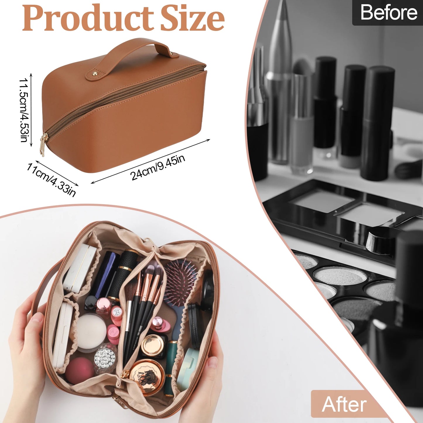 Travel Makeup Bag with Divider and Handle Portable PU Leather Waterproof Toiletry Bag Large Capacity Cosmetic Bags for Women
