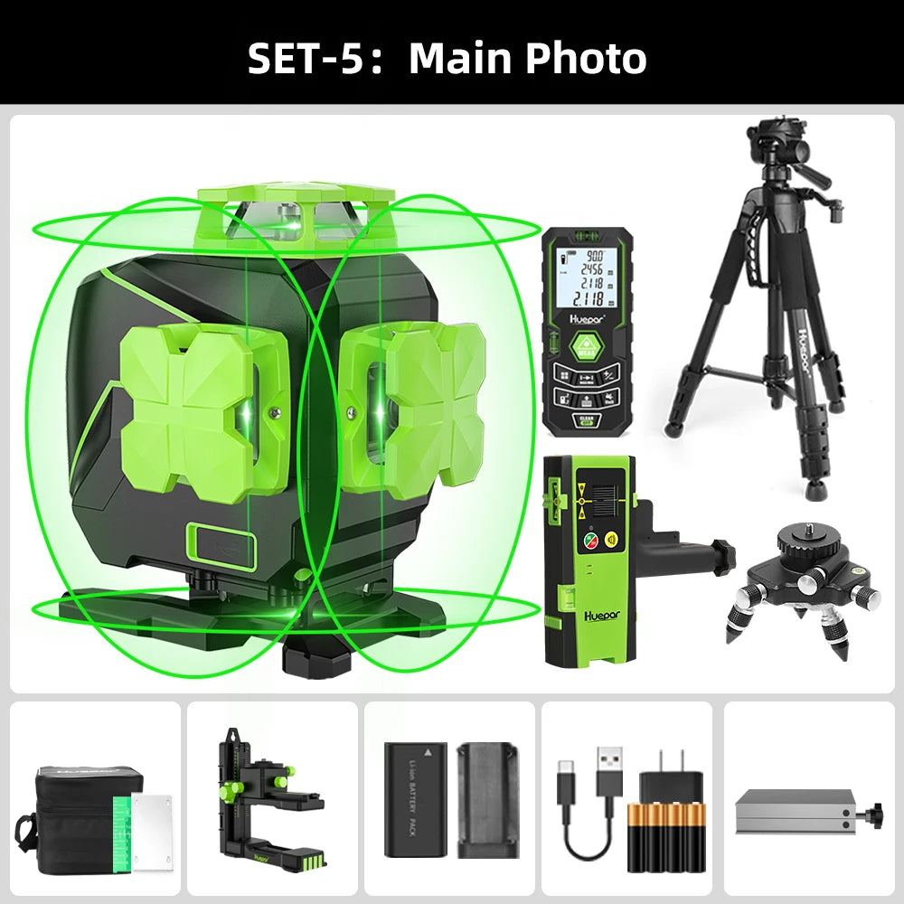 Huepar S04CG-LC 16 Lines Laser Level With Detector Tripod 4D Self Leveling Green Laser Leveling Tool
