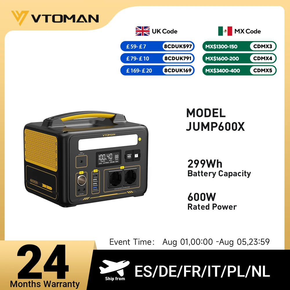 VTOman Jump 600X Power Stations 299Wh LiFePO4 Battery Emergency Backup High Power Supply Camping Equipment Generator