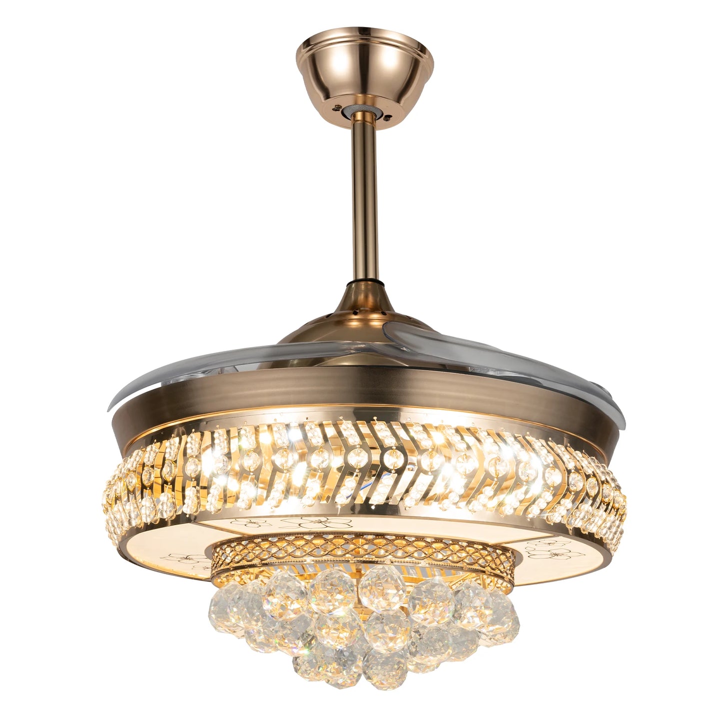 Ceiling Fans With LED Light K9 Crystal Accents Adjustable Speed Timing Retractable ABS Blades Pure Copper Motor