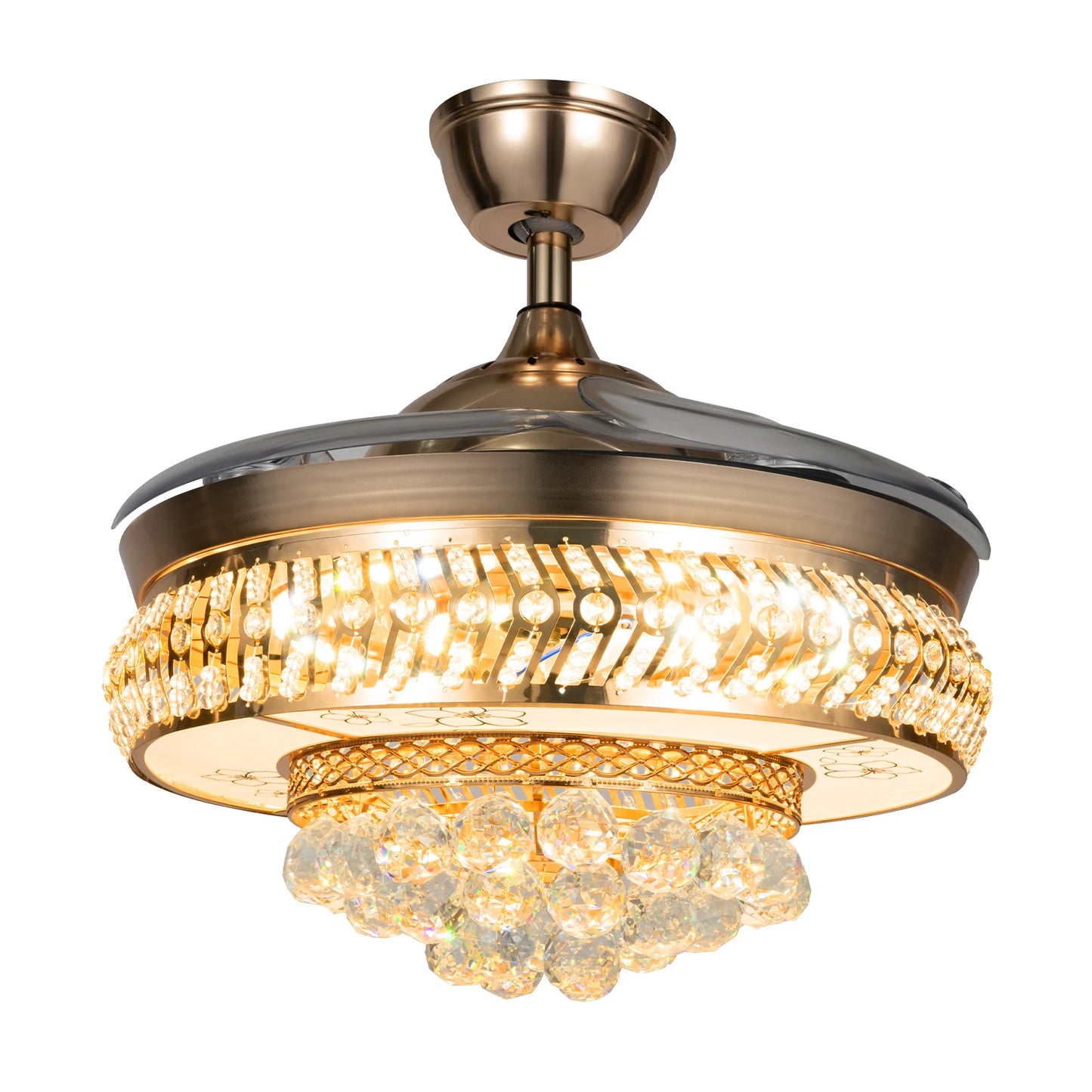Ceiling Fans with LED Light and K9 Crystal Accents Adjustable Speed and Timing Retractable ABS Blades Pure Copper Motor