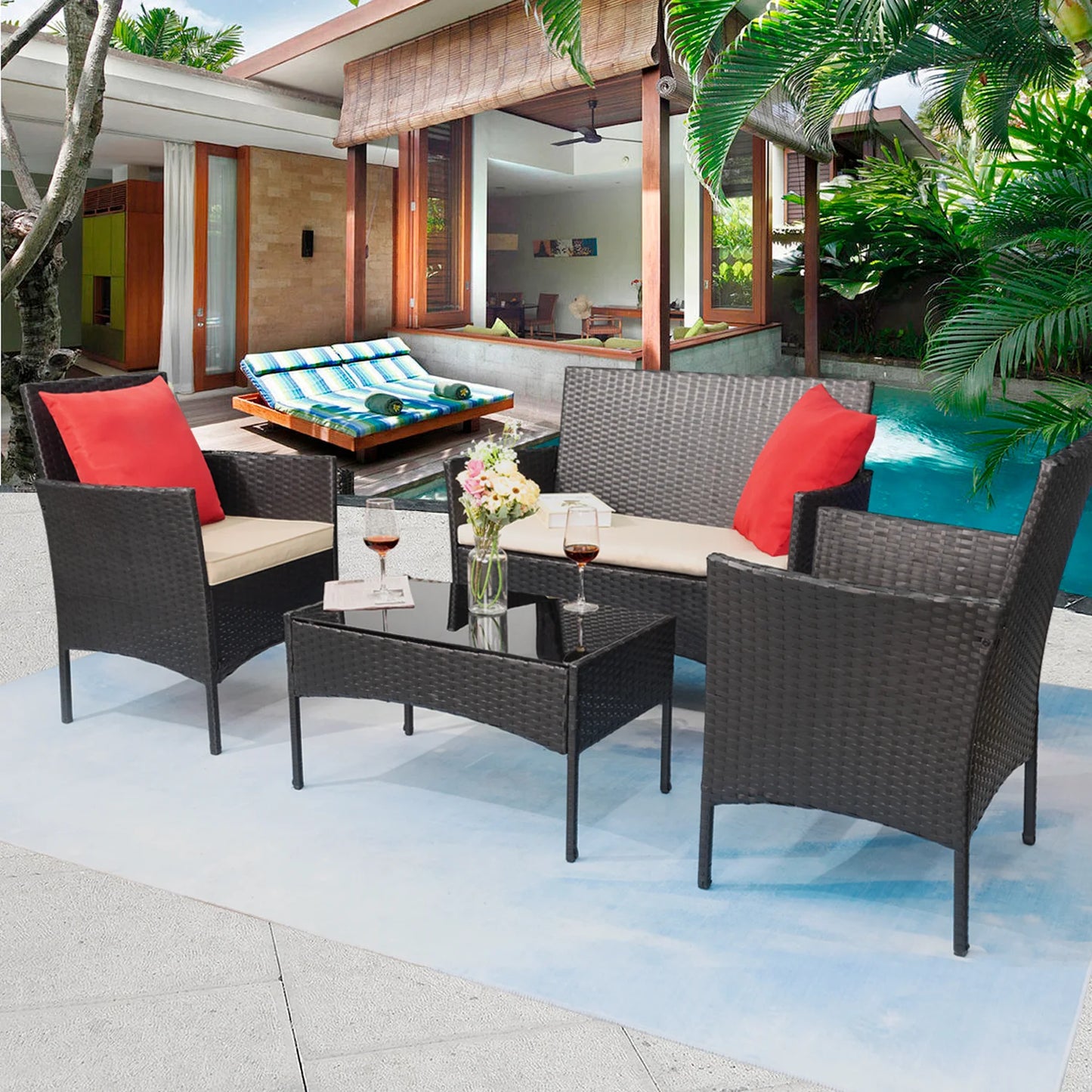 4 Pieces Patio Furniture Set Rattan Outdoor Wicker Sofa Garden Conversation Set with Soft Cushions and Glass Table