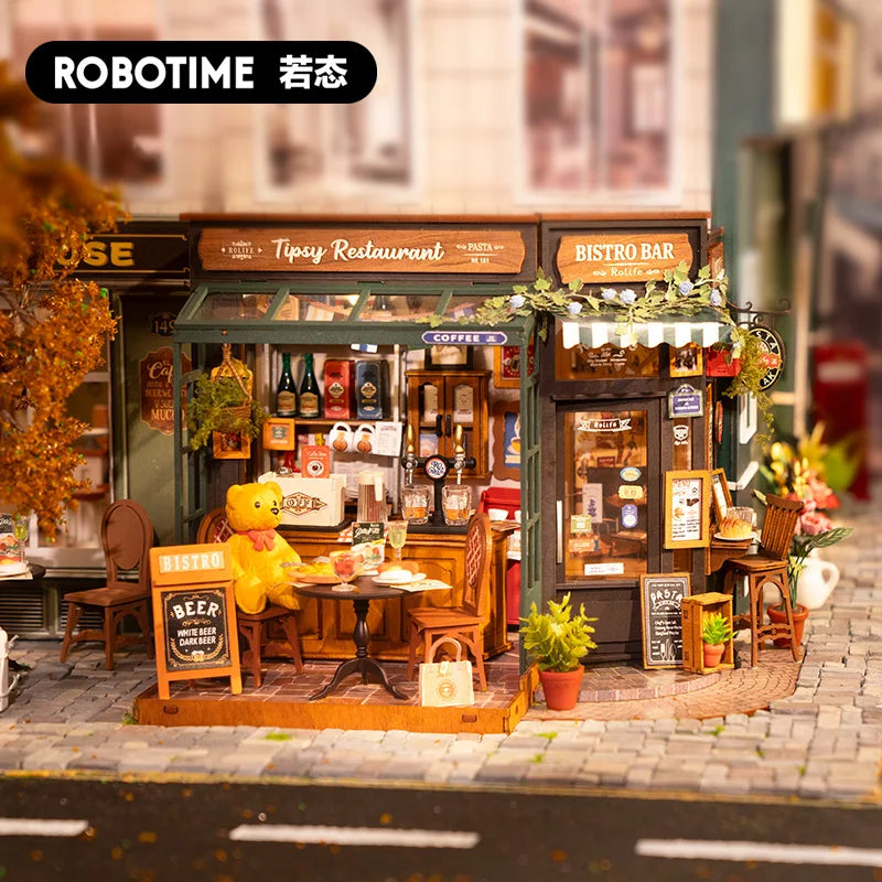 Robotime Rolife Tipsy Restaurant Miniature Dollhouse 3D Wooden Puzzle Bistro Bar Design Gifts for Home Decoration Toys