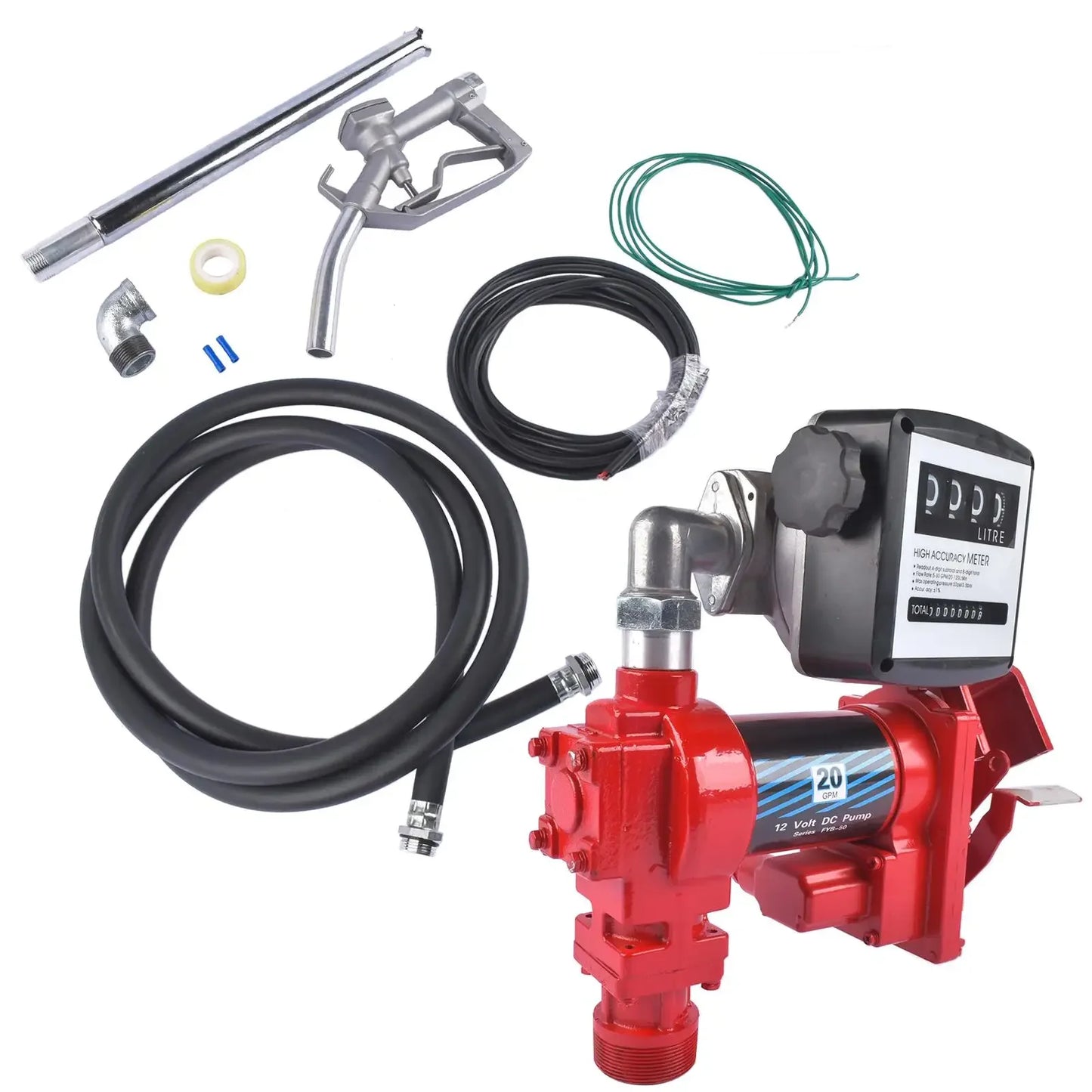 AP03 Red Fuel Transfer Pump 20GPM 12V for Gasoline Diesel with Oil Meter and Flange Elbow