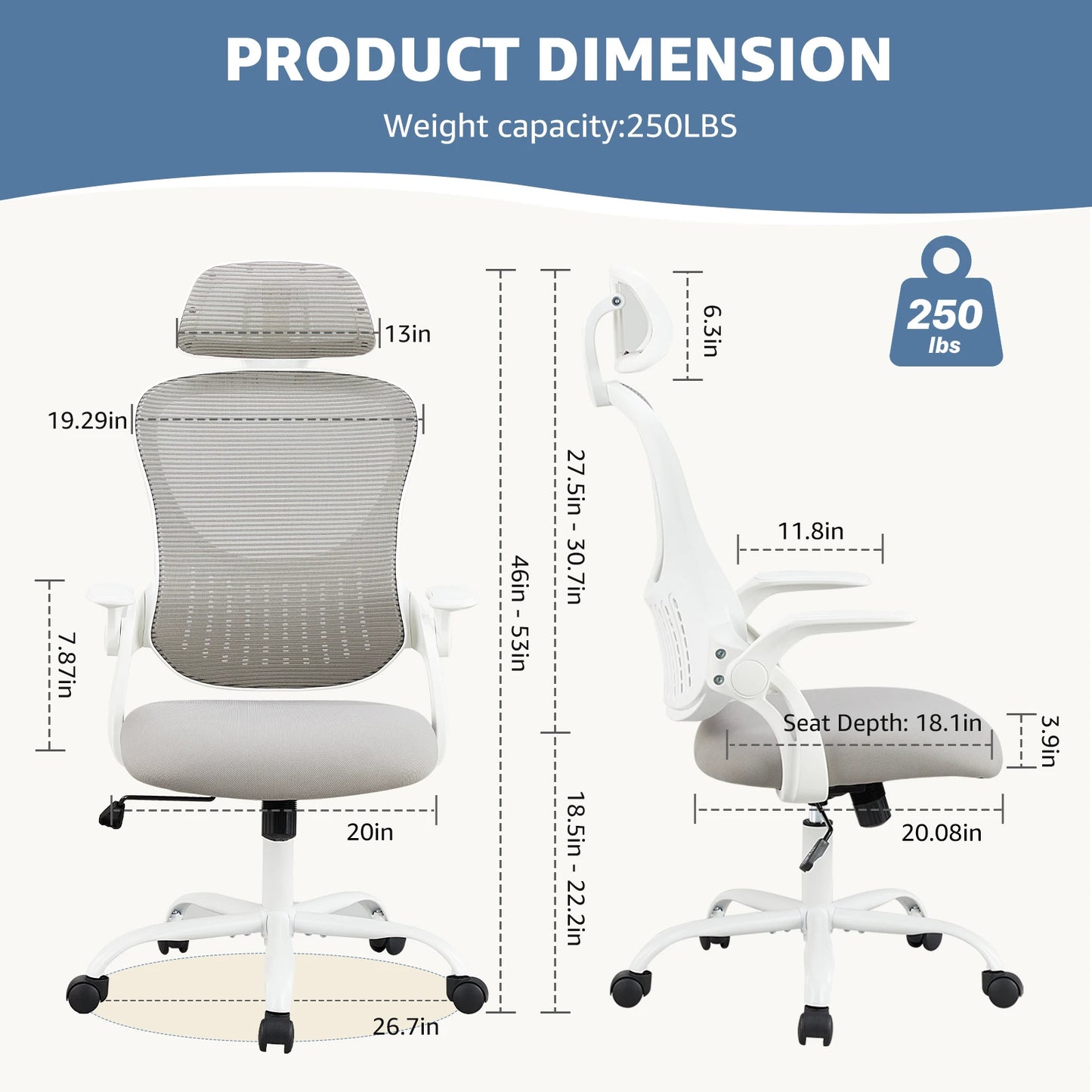 JHK Mesh Ergonomic Office Computer Desk Chair with Flip-Up Arms Adjustable Headrest Comfortable Lumbar Support for Home Office