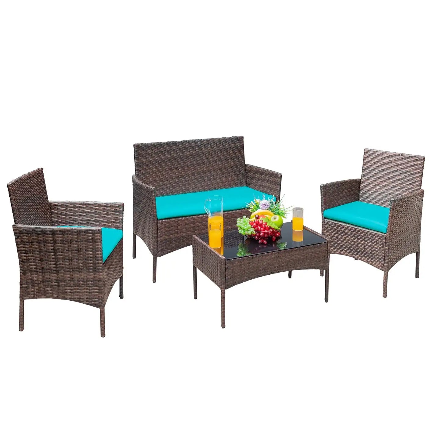 4 Pieces Patio Furniture Set Rattan Outdoor Wicker Sofa Garden Conversation Set with Soft Cushions and Glass Table