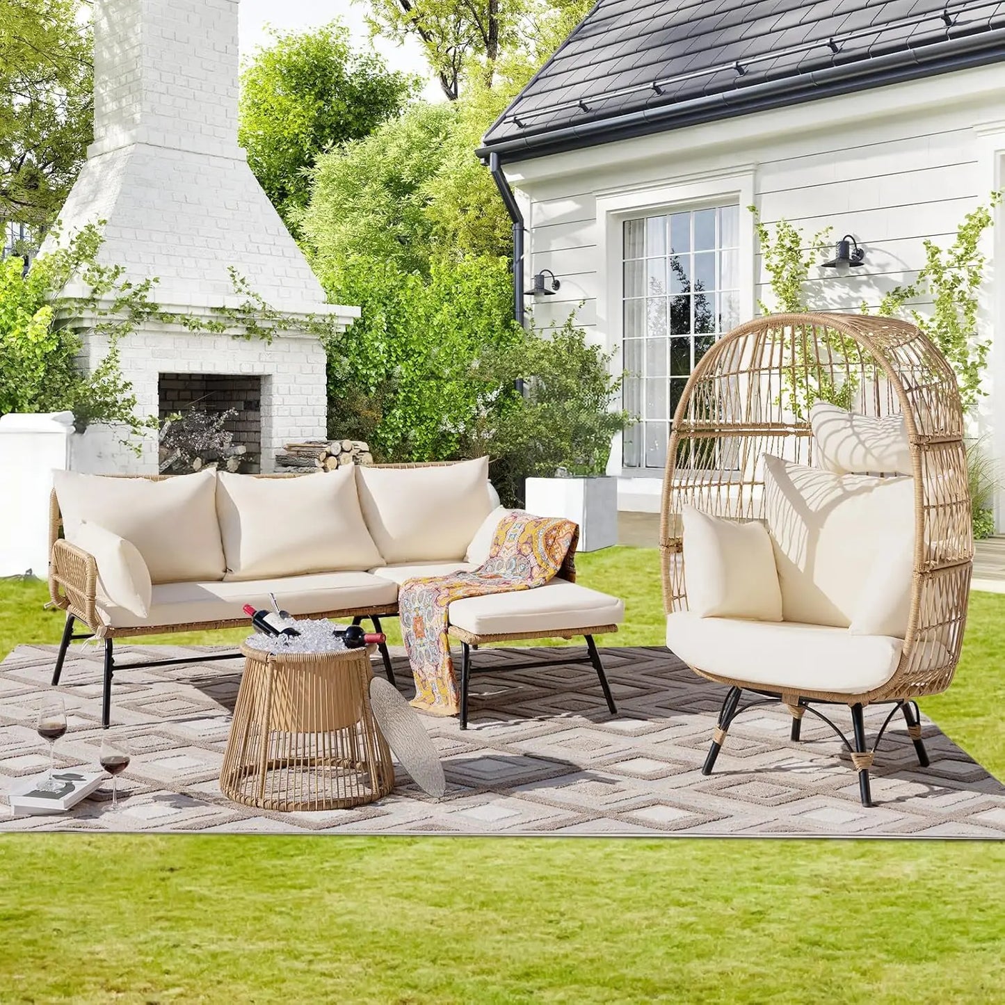 7 Piece Bohemian Style Outdoor Courtyard Sofa Set with Egg Chairs L Shaped Leisure Chairs and Beige Cushions