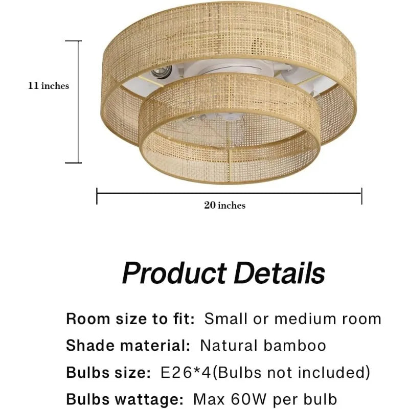 20 Inch Bamboo Flush Mount Ceiling Fan with Light Remote