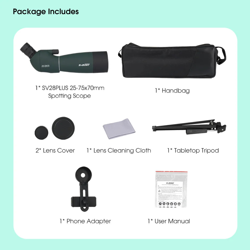 Svbony SV28 plus 50/60/70 Spotting Scope Zoom Telescope Powerful Waterproof Long Range PORRO Prism For Shooting Equipment