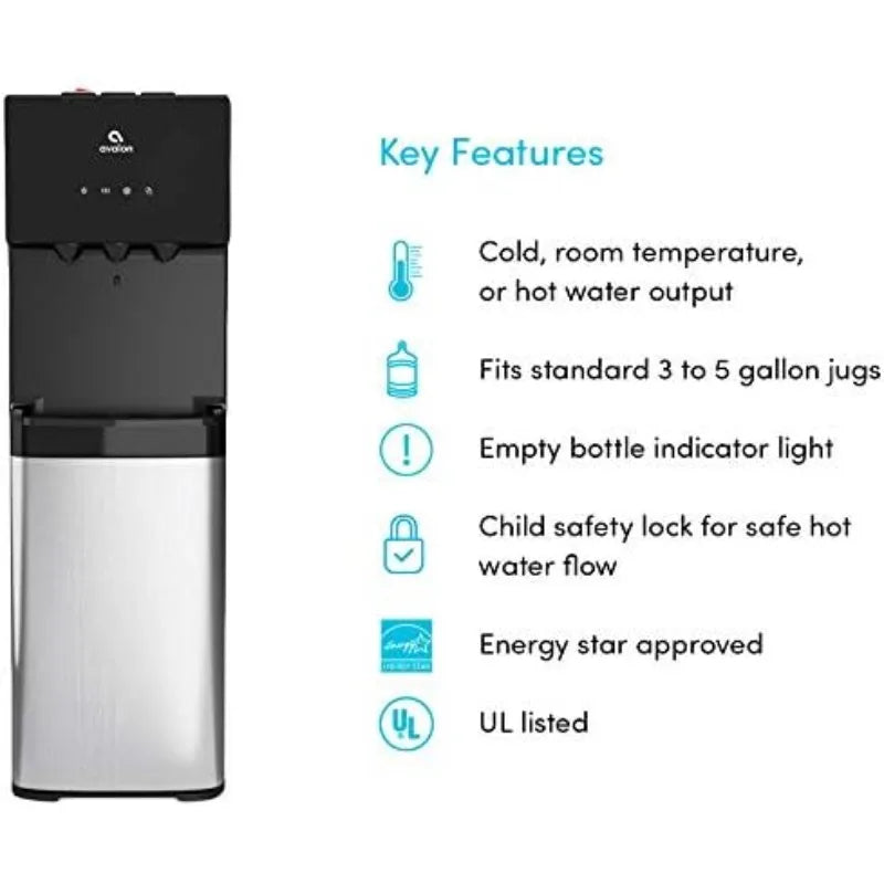 Avalon Bottom Loading Water Cooler Dispenser with BioGuard Three Temperature Settings Hot Cold Room Water Stainless Steel