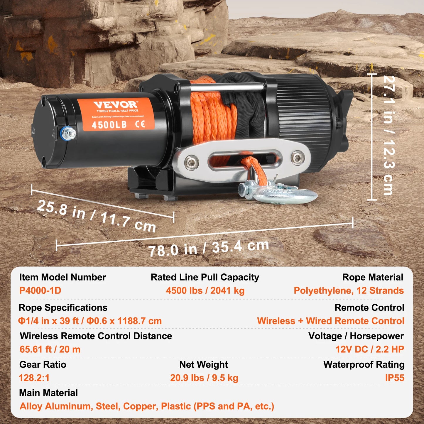 SucceBuy 4500lbs ATV UTV Electric Winch 12V with 39ft Synthetic Rope Wireless and Wired Remote Control IP55 Waterproof for Jeeps