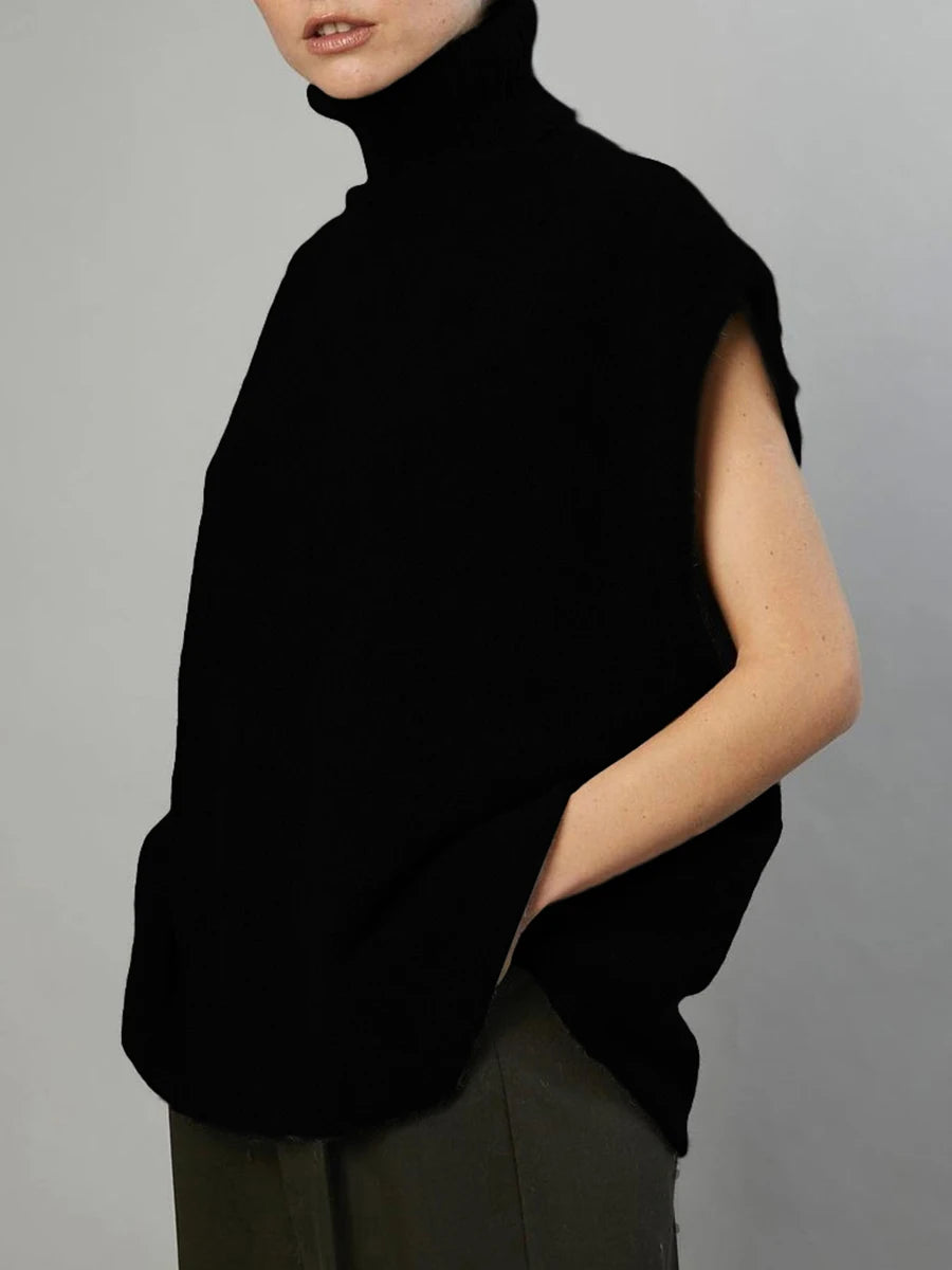 Women Knit Vest Sleeveless Turtleneck Solid Loose Tank Top Sweater Casual Daily Wear