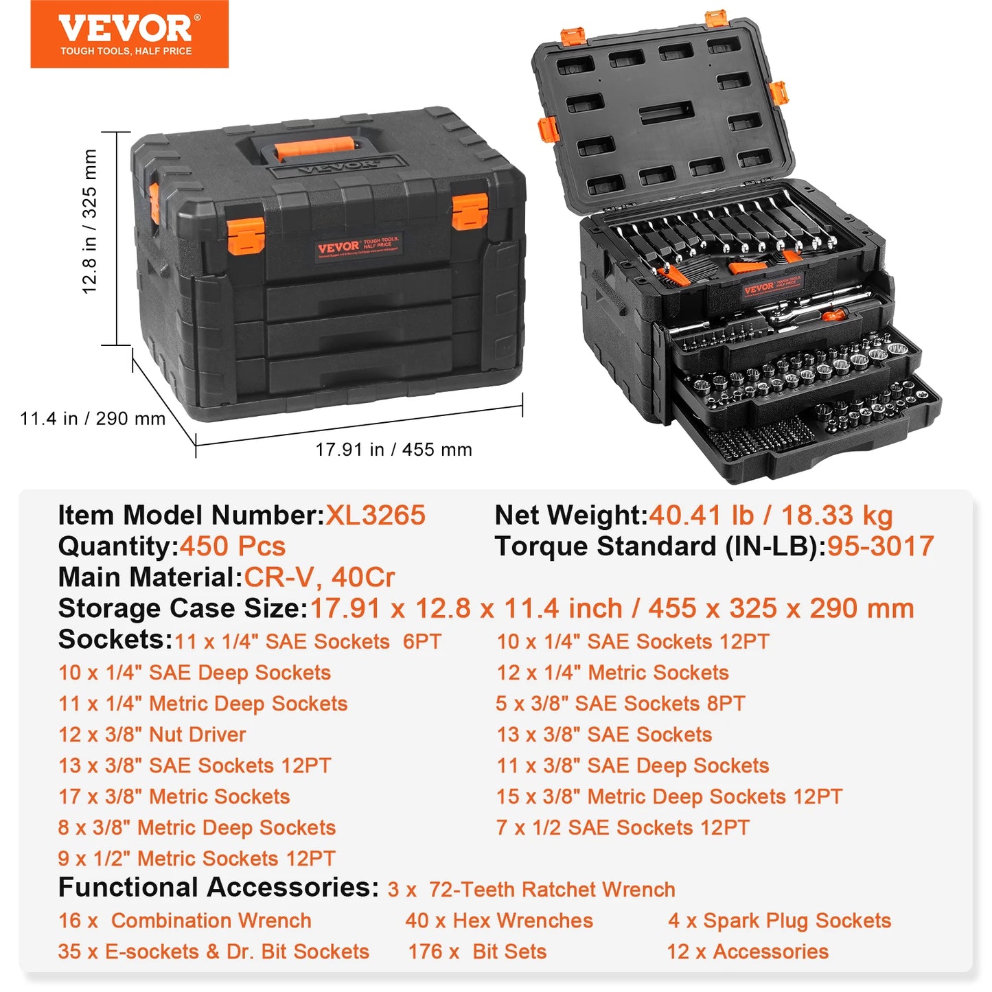 VEVOR Mechanics Tool Set and Socket Set 450 Pcs 1/4 Inch 3/8 Inch 1/2 Inch Drive Deep and Standard Sockets SAE and Metric Mechanic Tool Kit