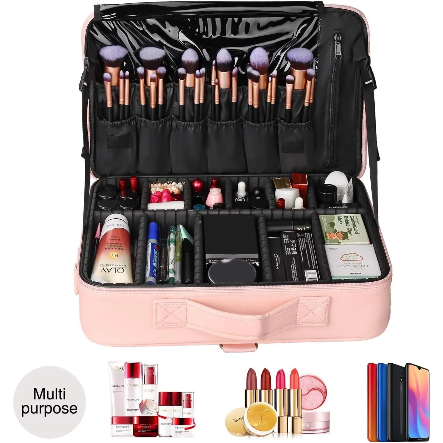 Travel Makeup Train Case Cosmetic Organizer Portable Artist Storage Bag with Adjustable Dividers for Cosmetics