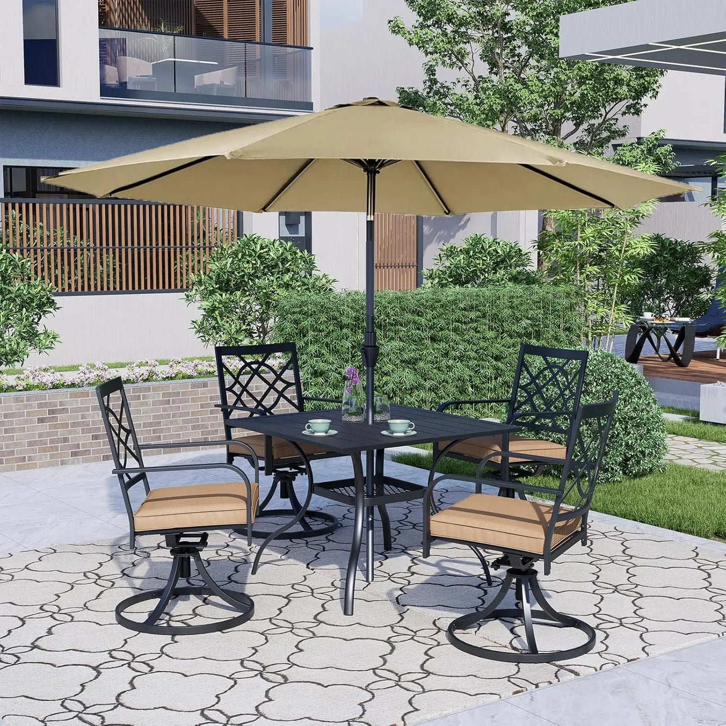5 Piece Metal Outdoor Patio Furniture Dining Set with Brown Umbrella 4 Swivel Chairs and Square Table