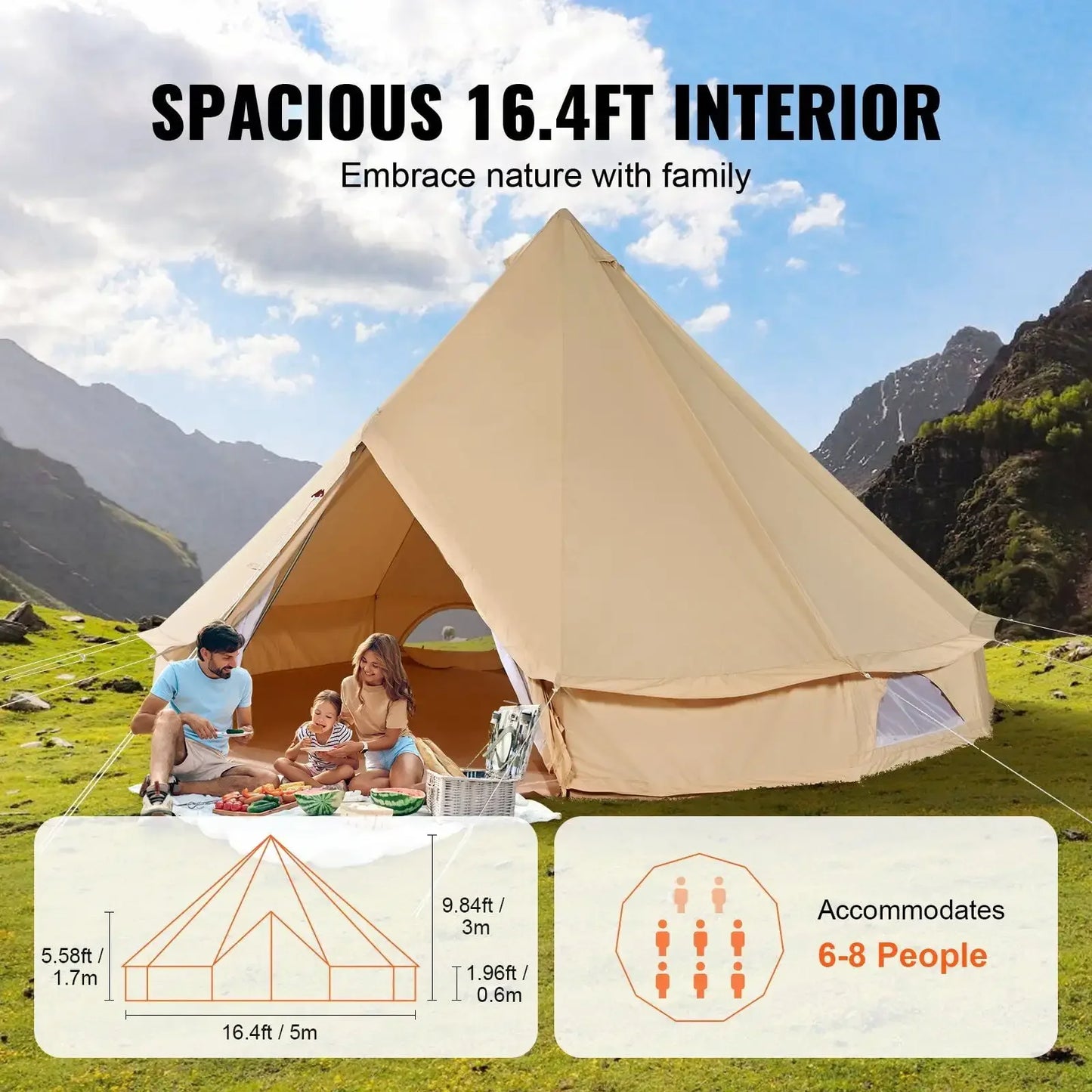 8-10 Person Canvas Glamping Bell Tent With Stove Jack