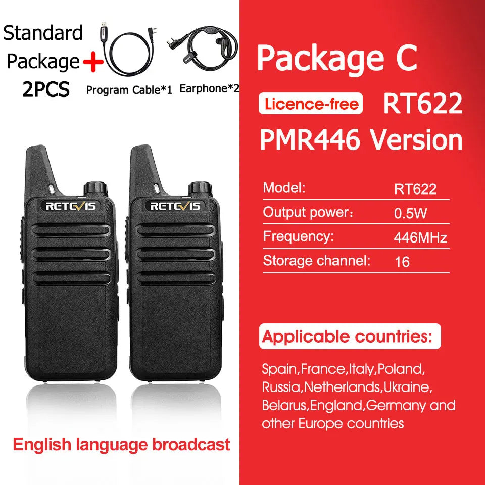 Retevis RT622 Walkie Talkie Mini 2 Pack PMR 446 Portable Two Way Radio Communication Device for Restaurant