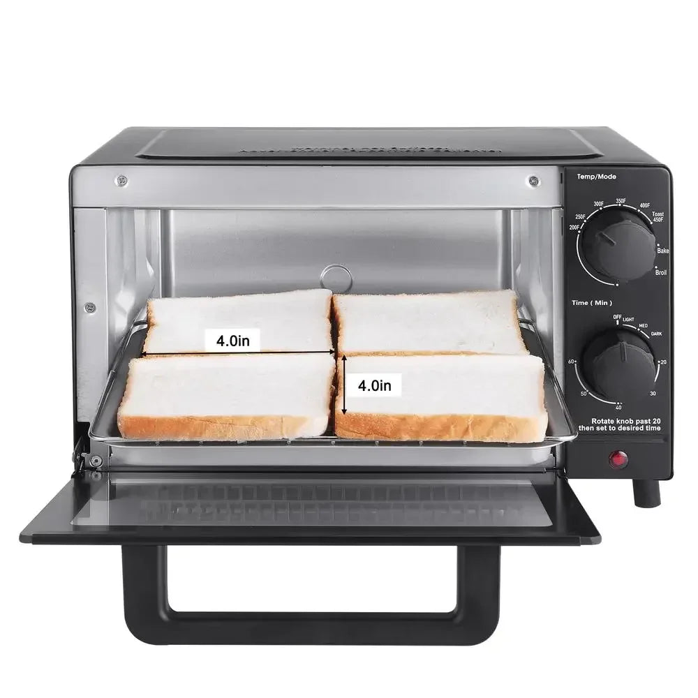 4 Slice Toaster Oven Bake Broil and Toast 9 Inch Pizza or 4 Bread Slices Quartz Heating Elements 60 Minute Timer 1050 Watt Power