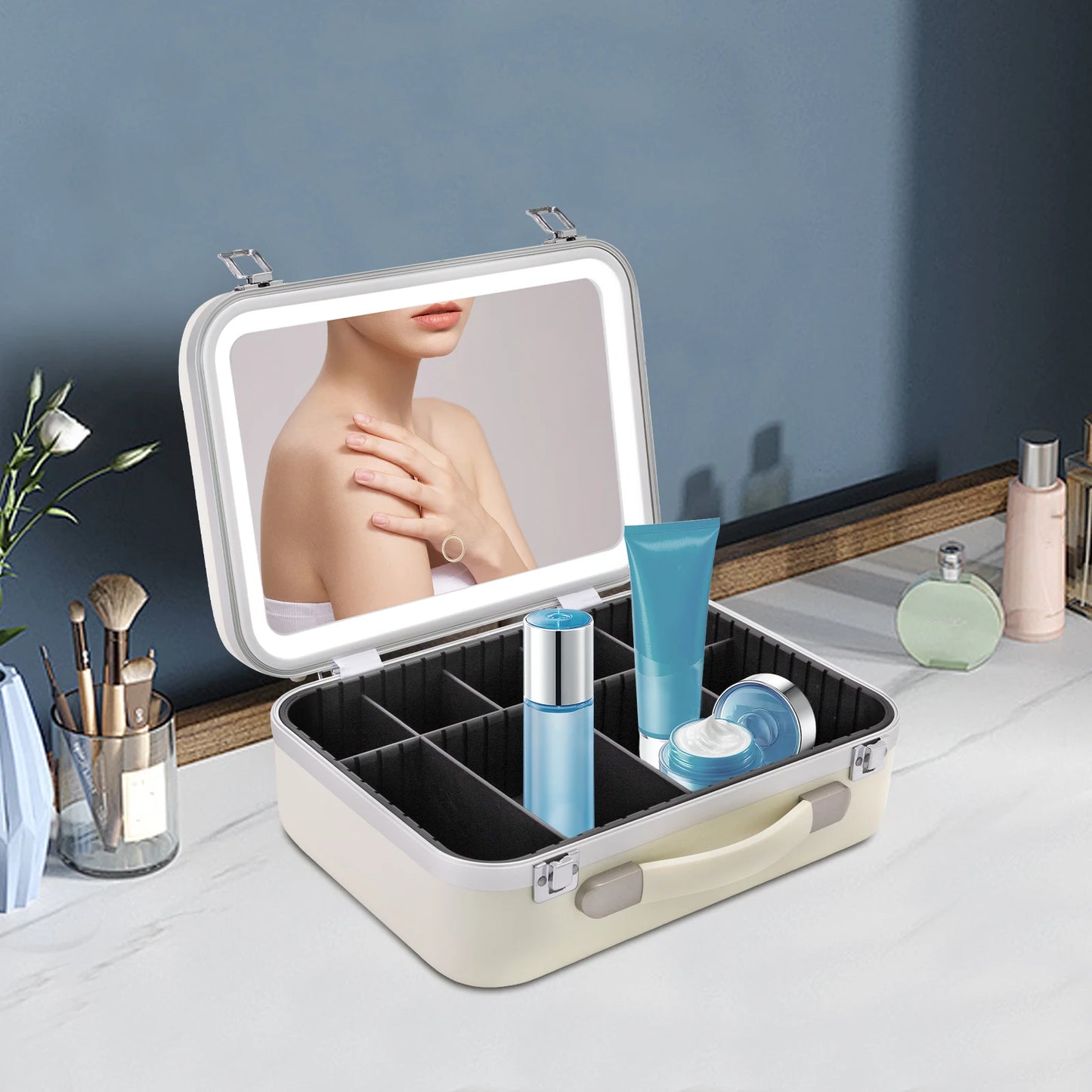 White Makeup Organizer Box with Upgraded Halogen Light and Mirror Premium Cosmetic Storage Case