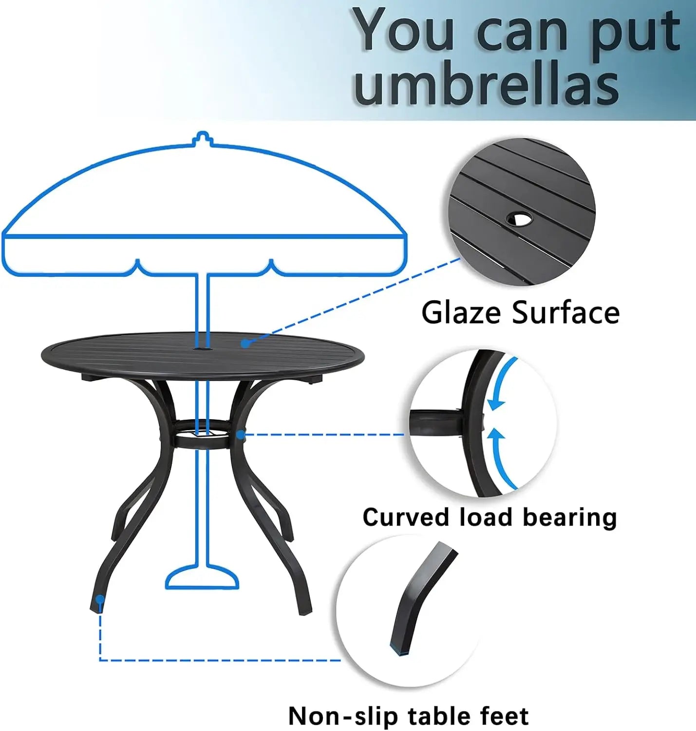 5 Piece Patio Dining Set Outdoor Furniture 4 Textilene Chairs and 1 Round 38 Inch Metal Slatted Table with 1.5 Inch Umbrella Hole