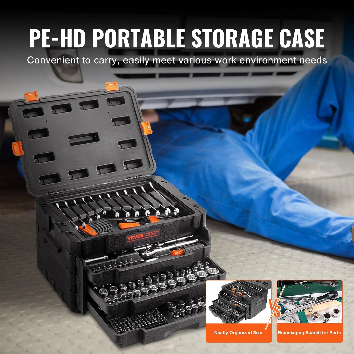Vevor Mechanics Tool Set and Socket Set 1/4 Inch 3/8 Inch 1/2 Inch Drive Deep and Standard Sockets 450 Pieces SAE and Metric Mechanic Tool Kit