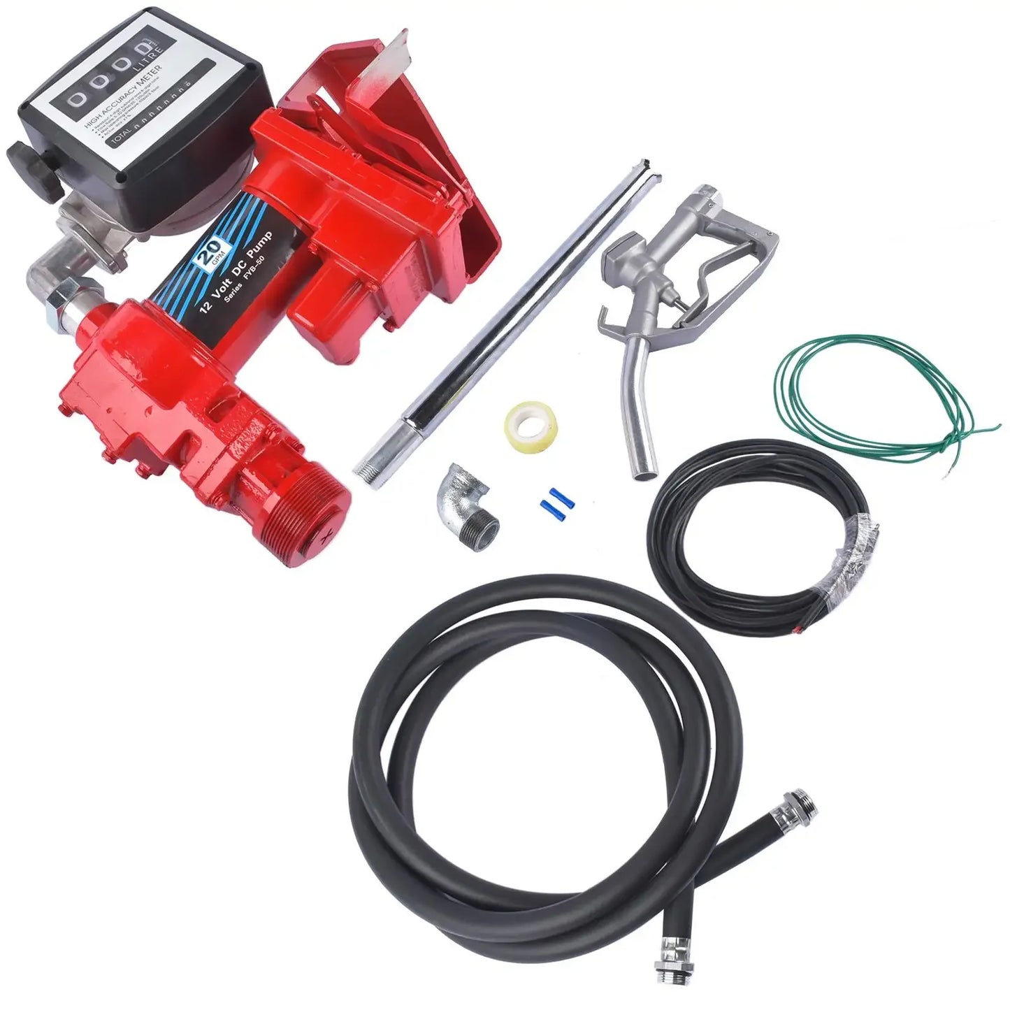 AP03 Red Fuel Transfer Pump 20GPM 12V for Gasoline Diesel with Oil Meter and Flange Elbow
