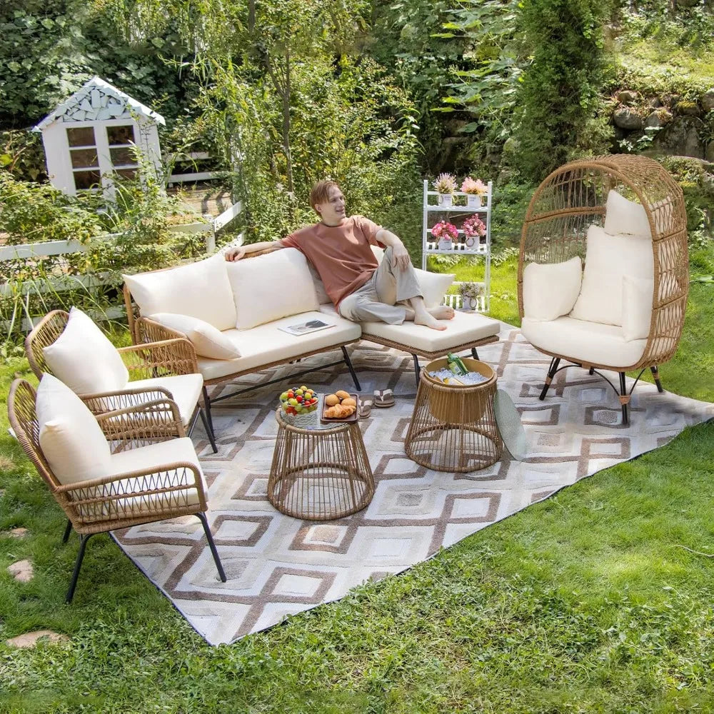 7 Piece Bohemian Style Outdoor Courtyard Sofa Set with Egg Chairs L Shaped Leisure Chairs and Beige Cushions