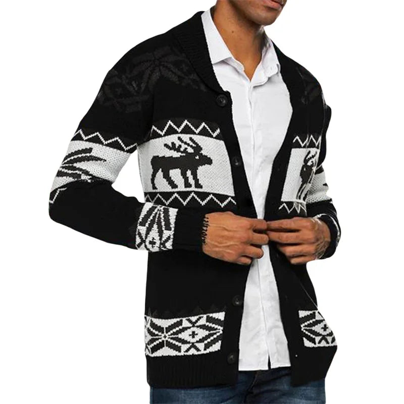 Men's Christmas Cardigan Casual Long Sleeve Shawl Collar Reindeer Snowflake Print Sweater