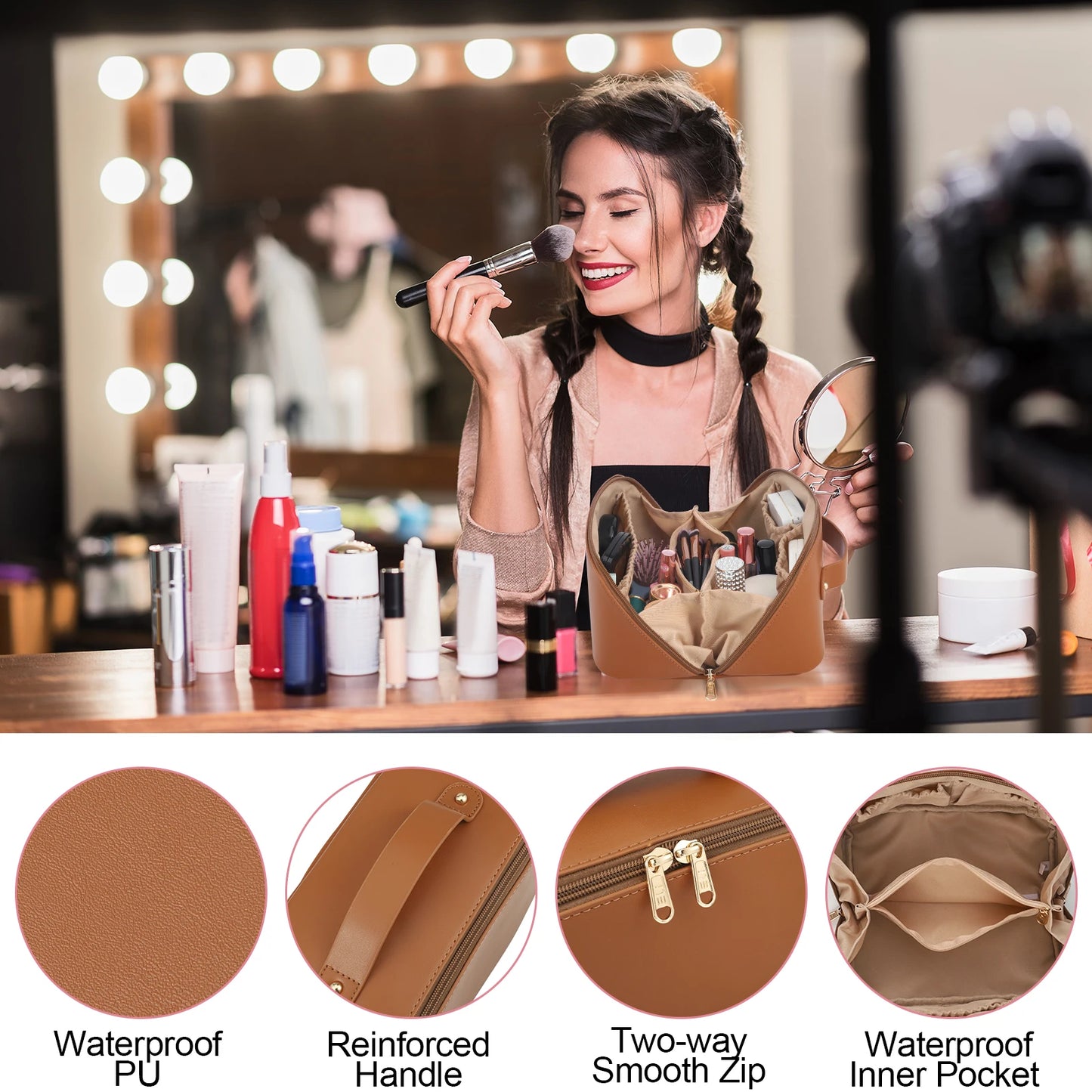 Travel Makeup Bag with Divider and Handle Portable PU Leather Waterproof Toiletry Bag Large Capacity Cosmetic Bags for Women